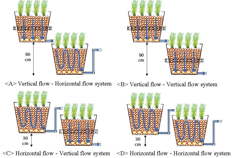 Diagrams of small-scale hydroponic wastewater treatment apparatus.