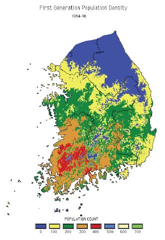 이화명나방 1화기 전국 발생분포(1984-1996, 이 1999).