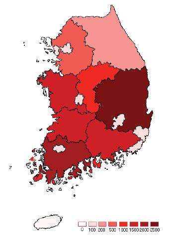 이화명나방 1화기 전국 발생 분포 (2003, 농촌진흥청).