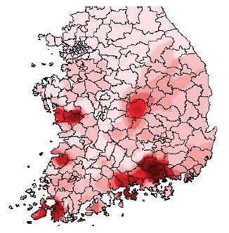 1981, 1982, 1992년 73개 전국 벼멸구 예찰소의 벼멸구 유아등 채집자료의 평균을 바탕으로 한 벼멸구 발생 분포 분석결과.