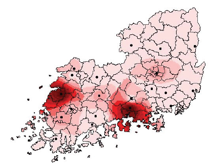 1992년 20개 남부지방 벼멸구 예찰소의 벼멸구 유아등 채집자료를 바탕으로 한 벼멸구 발생 분포.