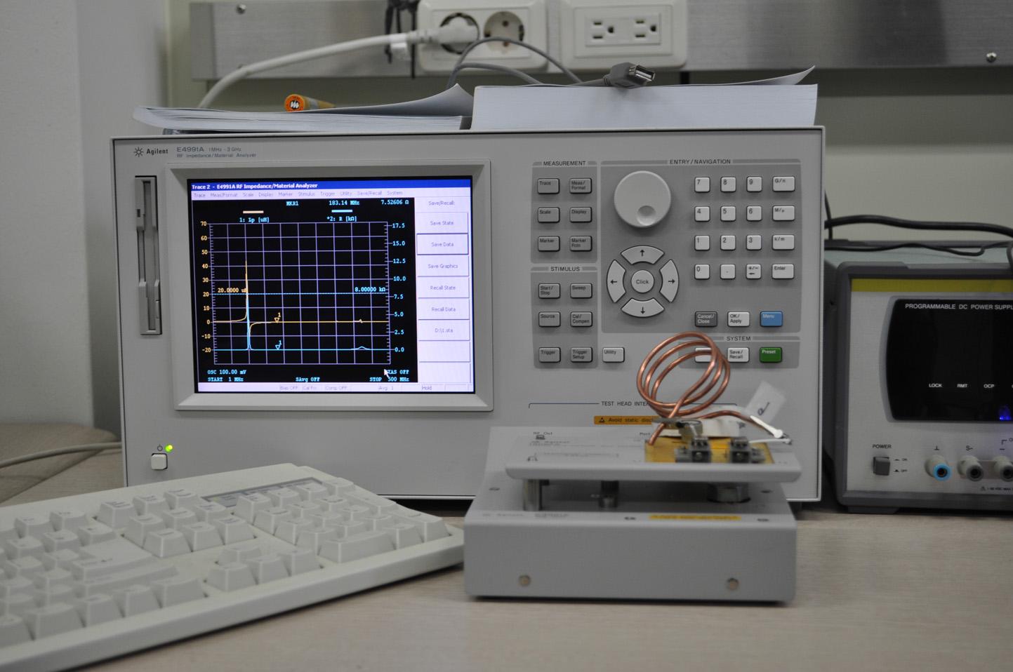 Set-up for measuring impedance of a multi-turn RF coil.