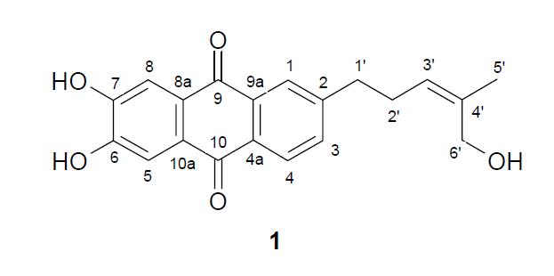 검은깨에서 분리된 anthraquinone F의 구조.