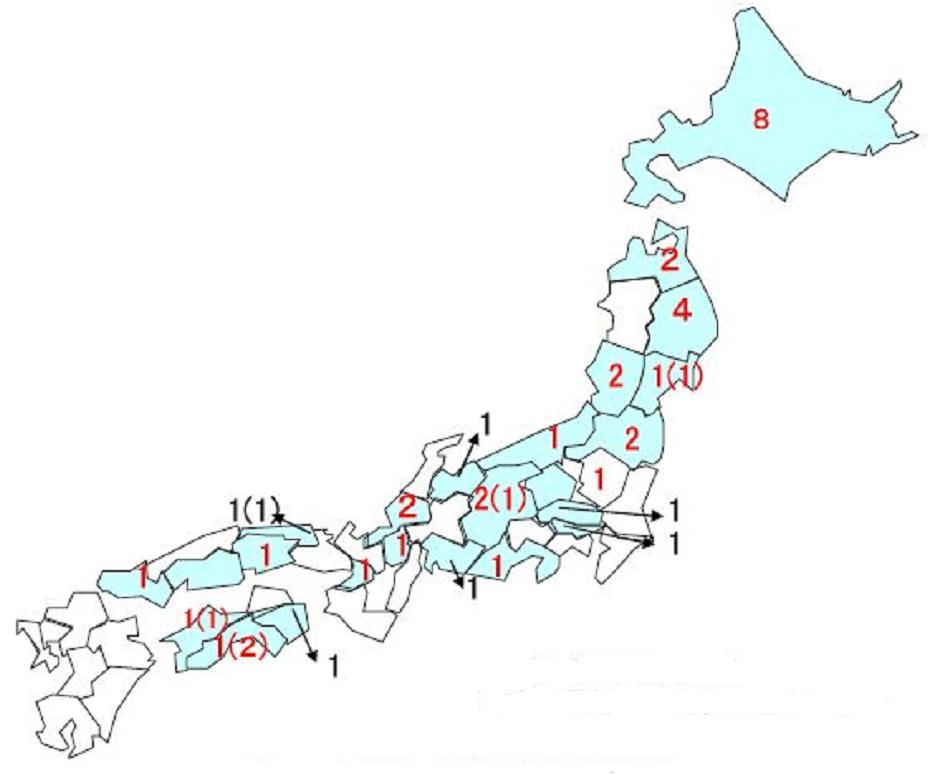 일본의 지역별 목재펠릿 제조사업소 수.