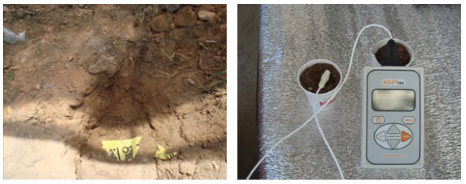 토양 열전도도 측정 (左 : 현장 토양 채취, 右 : KD2 Pro를 이용한 측정).