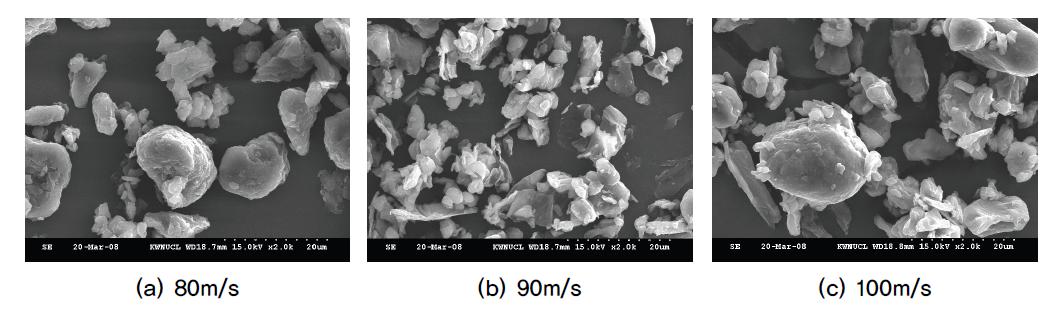 분쇄속도 변화에 따른 당귀 분말의 전자현미경 측정.