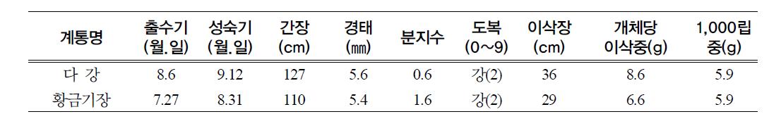 다강의 생육 및 이삭 특성