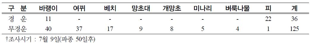 옥수수 재배지 잡초발생 초종 및 건물량