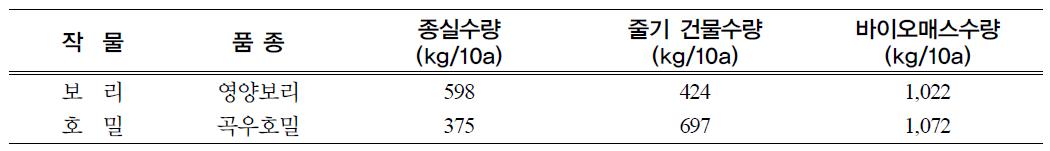 보리와 호밀의 조곡수량과 지상부 줄기의 건물수량 비교