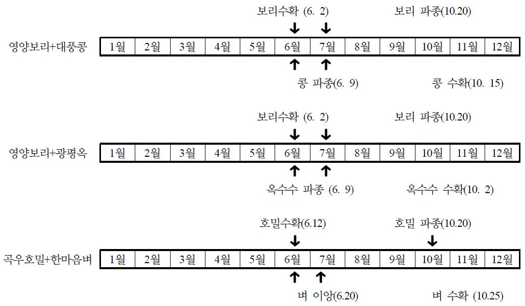 중부지역 논에서 유망 작부조합별 파종 및 수확시기 비교.