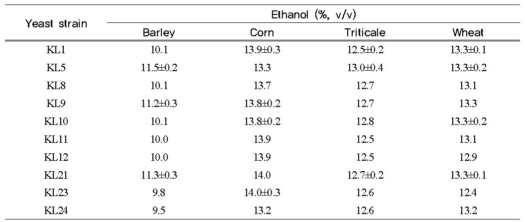 The ethanol produced by different yeast strains from several cereals