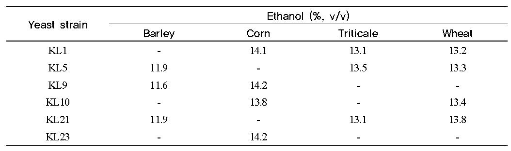 The ethanol produced by different yeast strains from several cereals