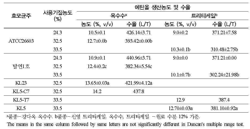 기존균주와 개발된 균주간의 옥수수, 트리티케일로부터 에탄올 생산농도 및 수율비교