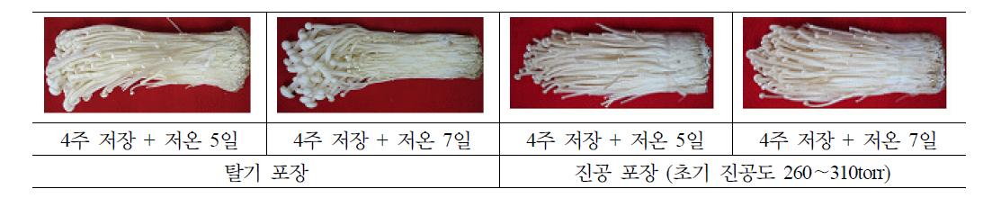 팽이 버섯 포장방법에 따른 4주 저장+유통 후 품질. 포장필름 재질: 70㎛ 다층 진공포장용 필름.