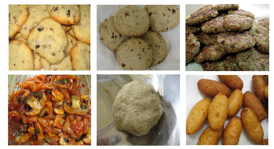 버섯 가공 시제품 5종(쿠키, 햄버거 패티, 젓갈, 개량밀가루, 어묵).