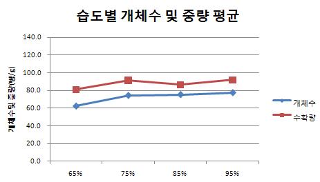 팽이 버섯 품종별 개체 수 및 중량 평균.