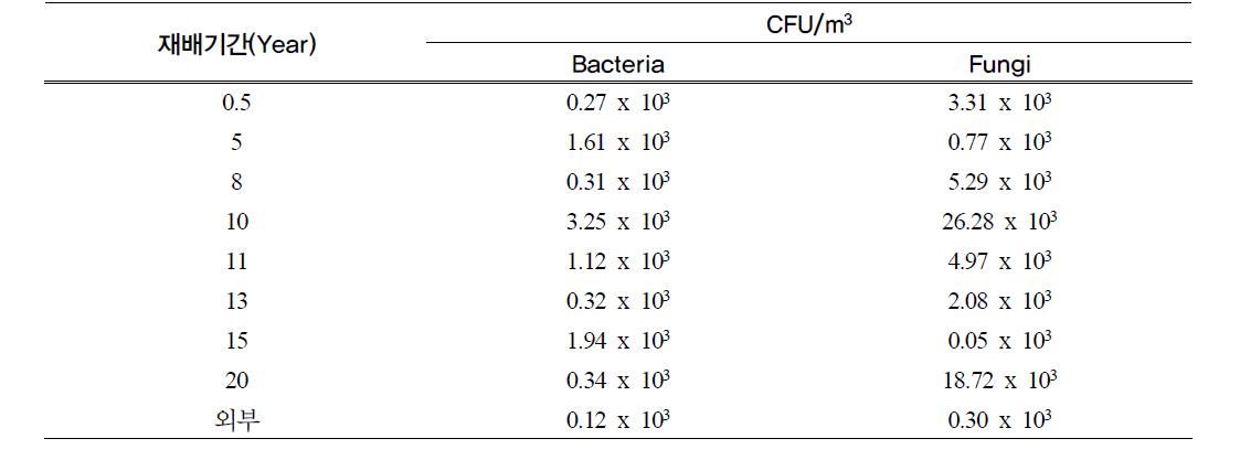 양송이 버섯 재배사의 재배기간에 따른 공기 중 미생물 밀도