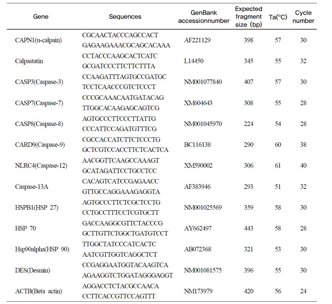 Sequences, expected fragment size, annealing temperature (Ta) of primers and cycle number used in the semi-quantitative RT-PCR analysis of mRNA level of the genes expressed in bovine satellite cells