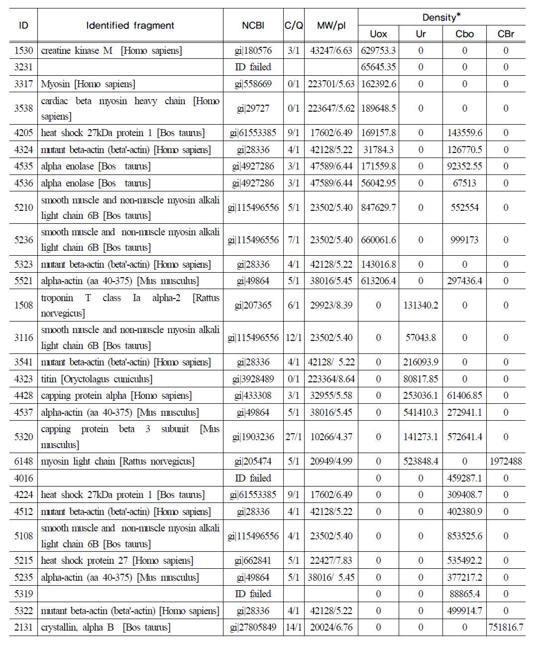 List of identified proteins assessed by proteome analysis technique for oxidated or reduced status of purified myofibrils and u-calpain and cathepsin B on proteolytic activity at 25℃ for 24 hours.