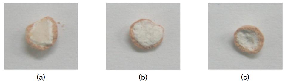 Photographs of cross section of samples with a layered structure; (a) 1.0㎜, (b) 3.0㎜, and (c) 5.0㎜.