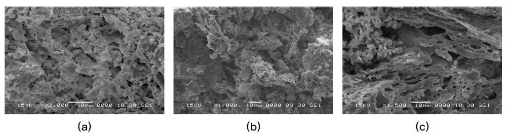 SEM photograph of cross section of pellets; (a) kaolin granule, (b) HCR 20wt% granule, and (c) LCR 100wt% granule.