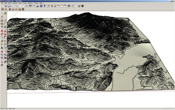 SketchUP에서 Sandbox 툴을 이용하여 지표면을 형성시킨 모습.
