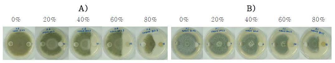 In vitro antifungal activities against Penicillium digitatum(A) and P. italicum(B).