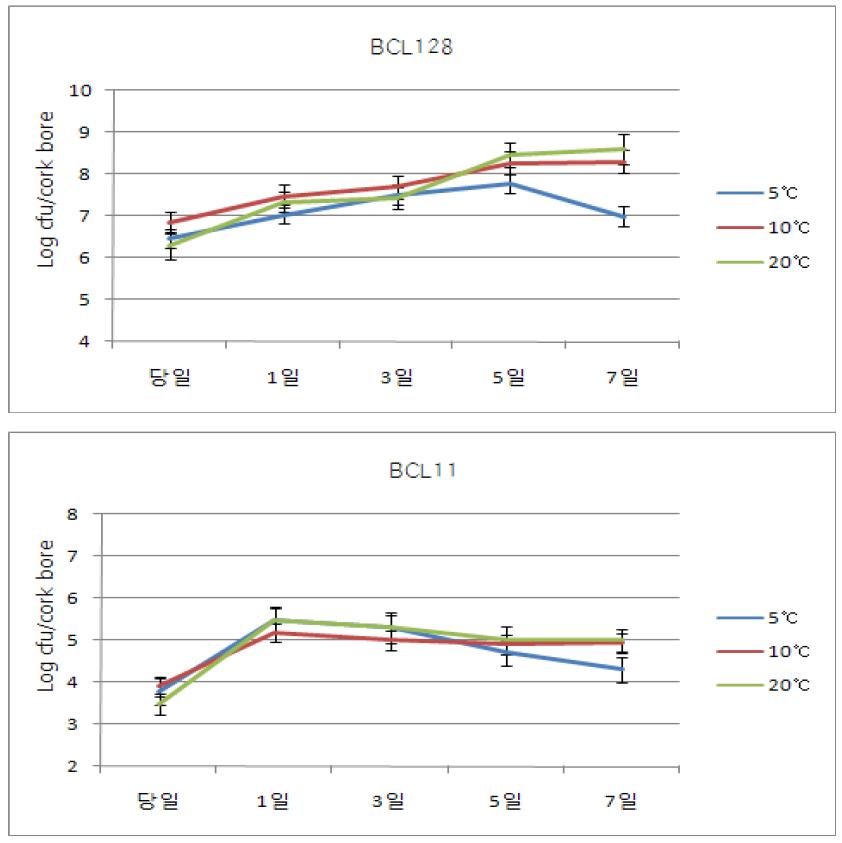 BCL 128 및 BCL11균주의 처리 후 배 과일 표면에서 균밀도 변화.