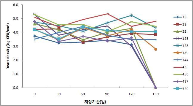 5℃저장조건에서 효모균주 처리후 저장기간별 균밀도 변화.