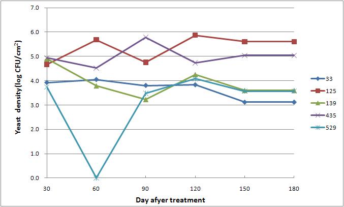 처리 효모의 배 저장기간별 균밀도(‘09~’10, 대전).