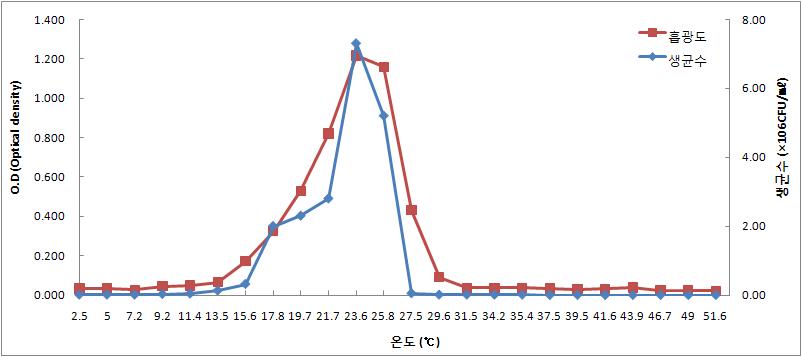 선발 효모균주 435균주의 온도별 생장 곡선
