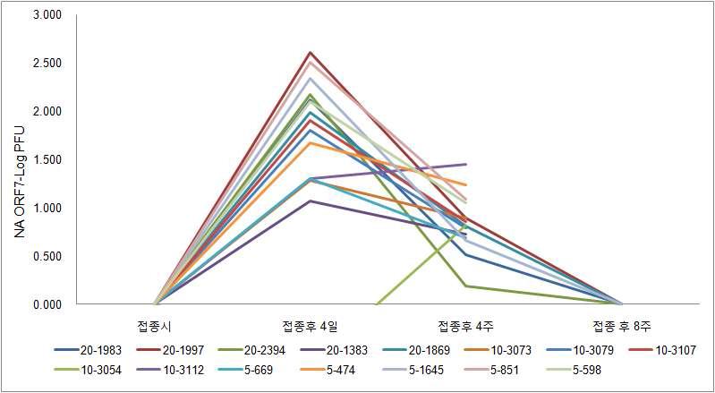 PRRS 순치백신 접종 후 후보돈 혈액내 PRRS 항원 농도 변화