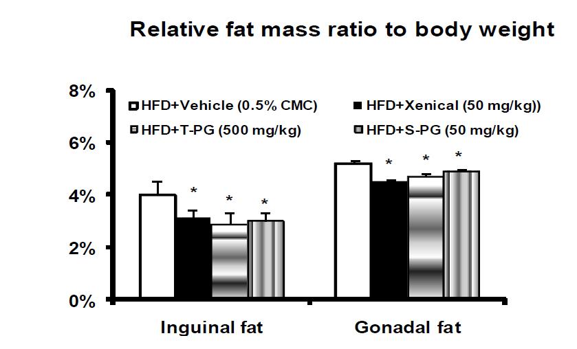 Effect of Platycodon grandiforum-derived total extract and saponin on relative-fat mass weights to body weight in HFD-induced obese C57BL/6 mice.