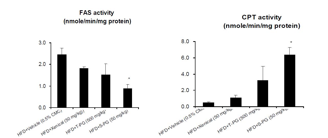 Effect of Platycodon grandiforum-derived total extract and saponin on liver FAS and CPT activities in HFD-induced obese C57BL/6 mice.