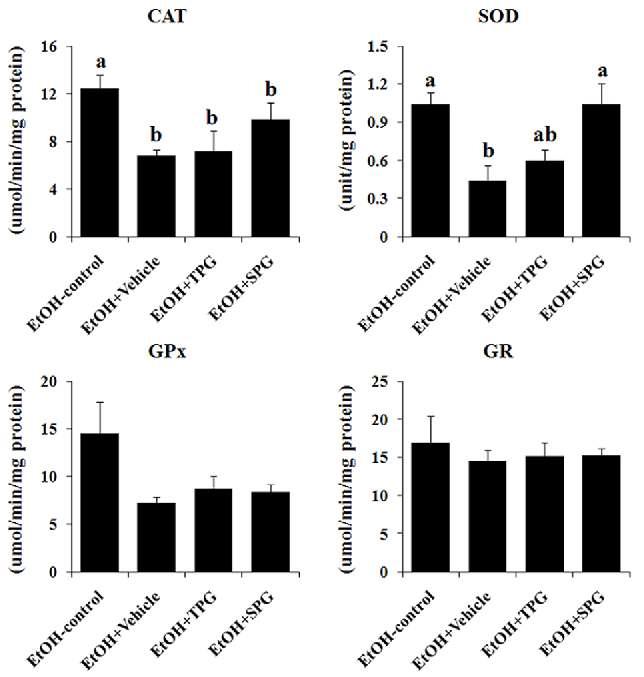 Effects of Platycodon grandiforum-derived total extract and saponin administration daily for 6 weeks on hepatic antioxidant enzymes activities in EtOH-treated mice.