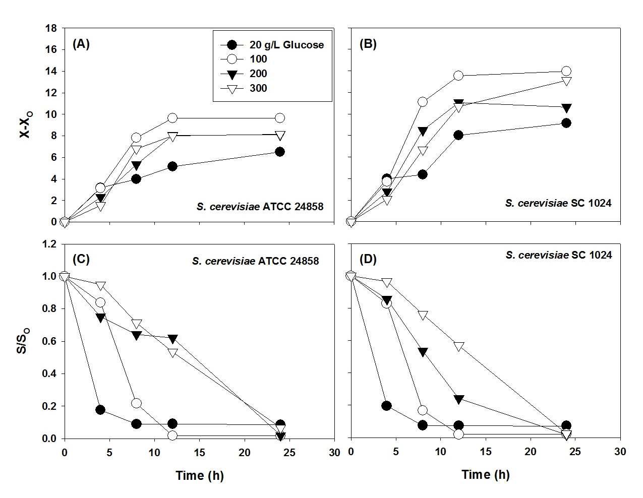 Glucose양에 대한 세포성장의 효과 (A, B)와 glucose의 소모 (C, D).