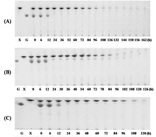 배양액 (Fig. 4, Fig. 5 그리고 Fig. 6)의 TLC 분석결과.