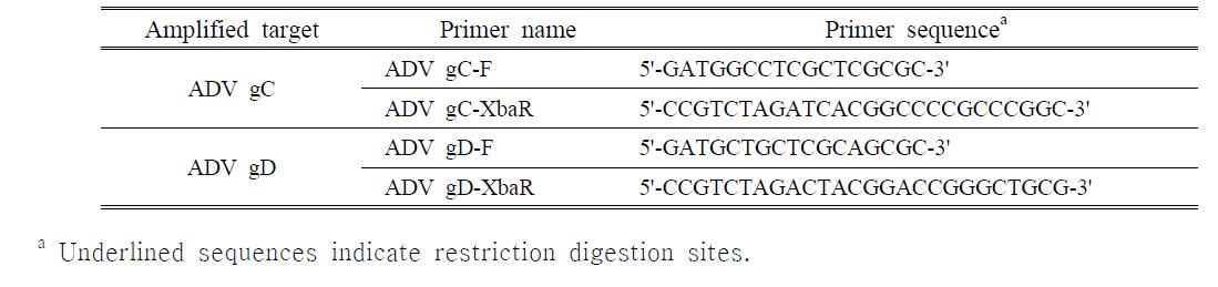 Primers used for construction of baculovirus transfer vectors containing ADV ORFs