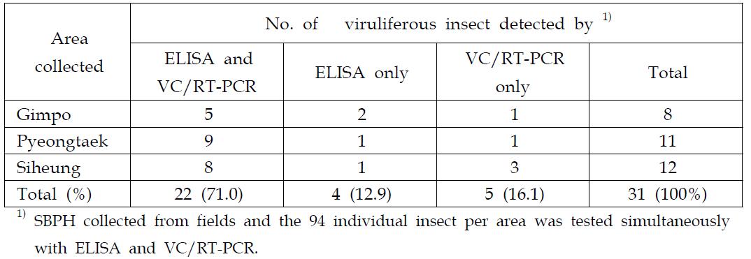 Comparison of RSV viruliferous insect by ELISA and VC/RT-PCR