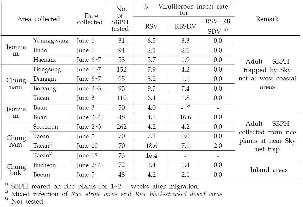 Viruliferous insect rate of RSV and RBSDV for the immigrant adult SBPH by RT-PCR in 2009