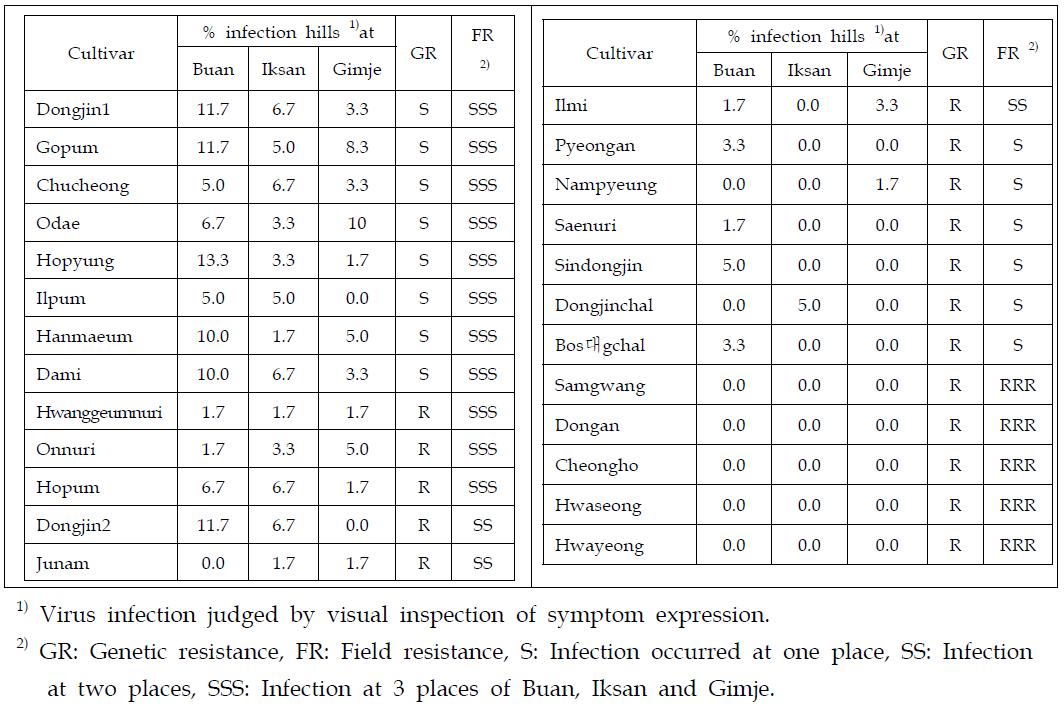 Field resistance of rice cultivars to RSV