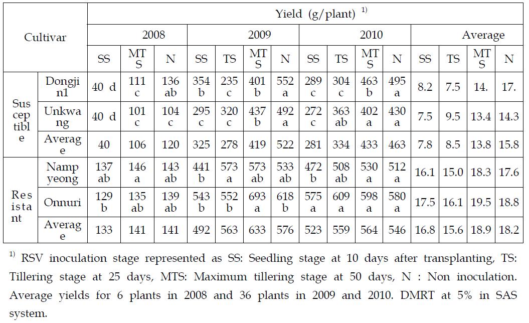 Yield loss of rice plants for resistant and susceptible cultivars against RSV by artificial inoculation through viruliferous SBPH