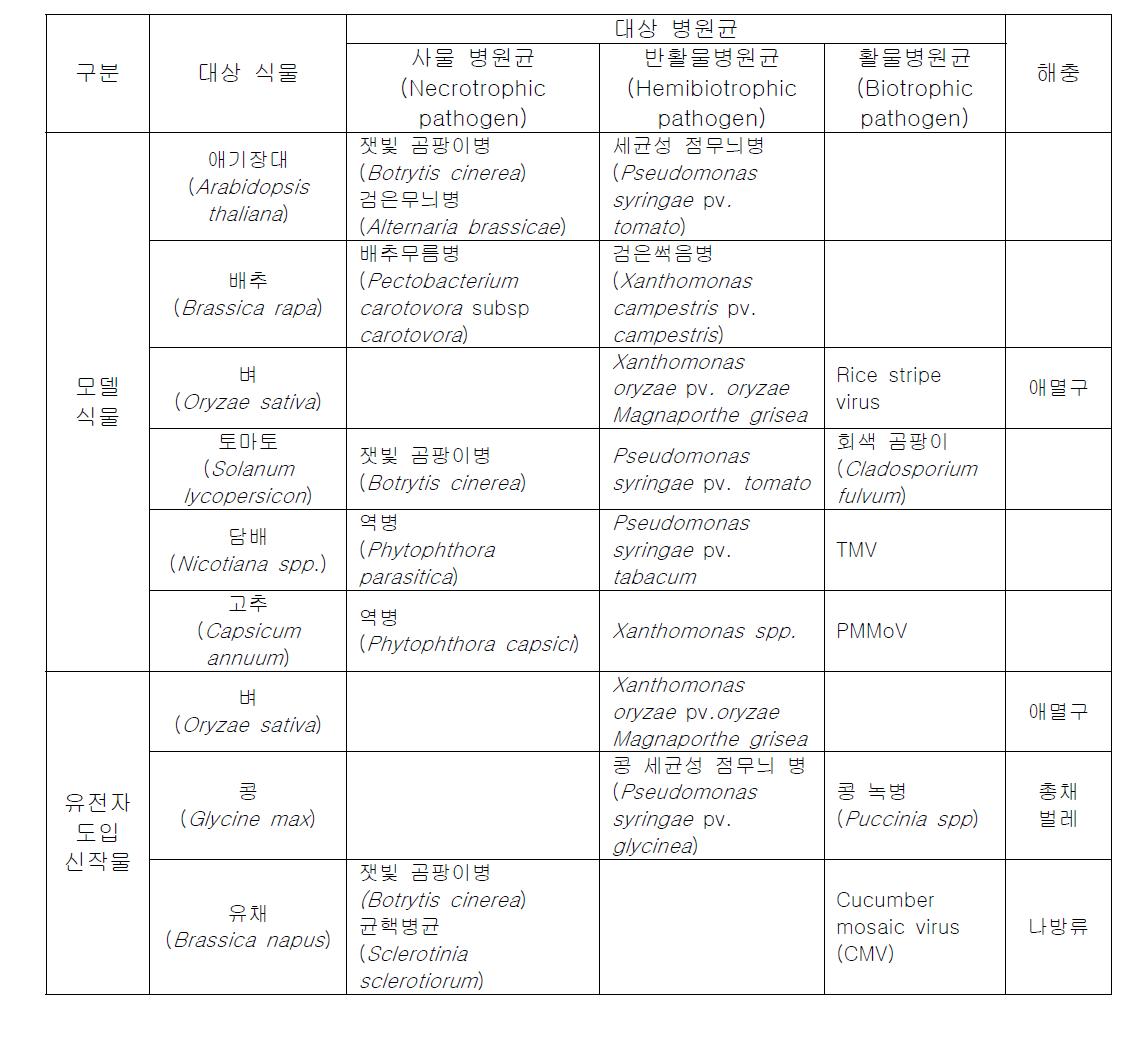 연구 대상 식물-병원균 목록