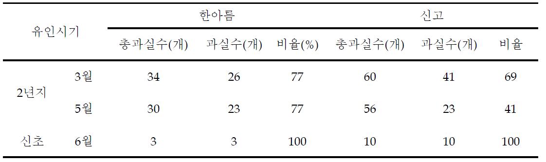 도장지 유인시기별 고당도(12.6 °Bx) 과실 비교