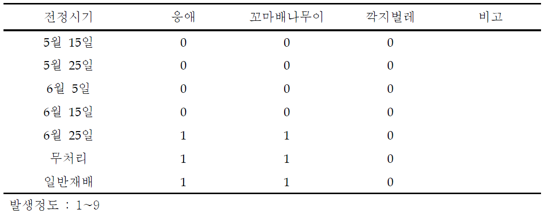 열매가지 도장지 전정시기에 따른 충 발생정도 비교