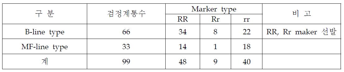 2년차 주요계통에 대한 CMV저항성 검정(Marker 분석) 결과