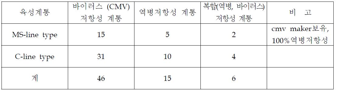 육성계통 중 병저항성 최종 계통 선발 내역(2008년)