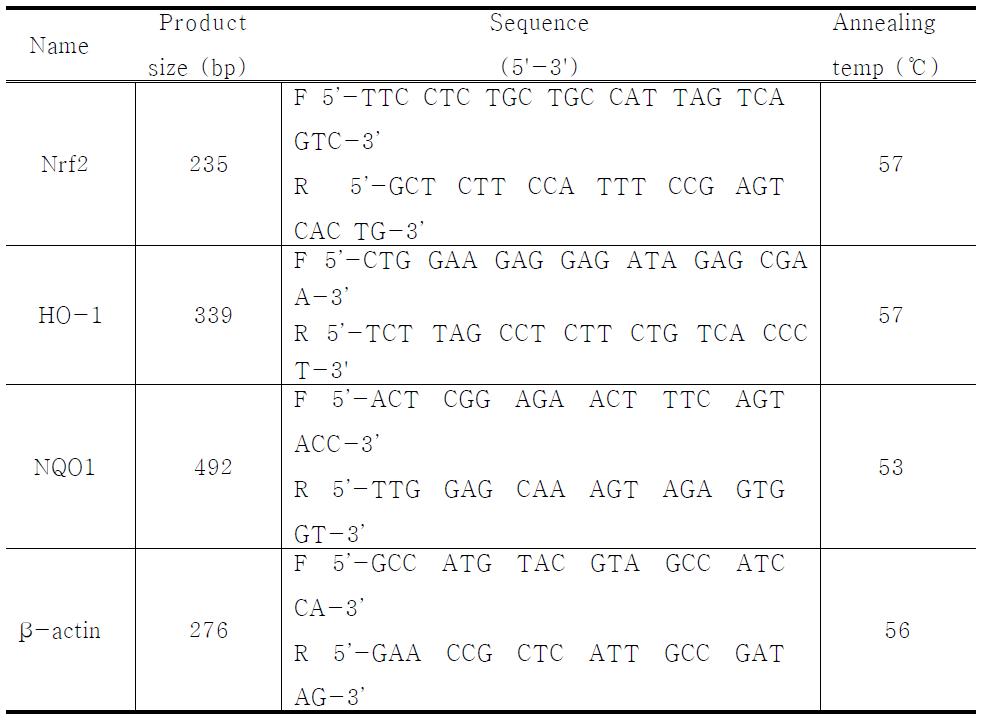 List of primer sequence and product size