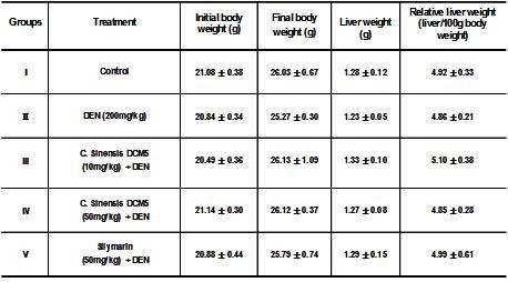 Effects of body weight and liver weight/body weight (%) of mice