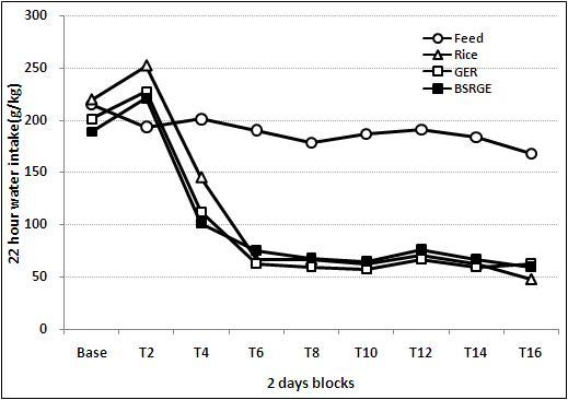 Twenty-two hour water intake in C57BL/6 mice before and after feeding with rice